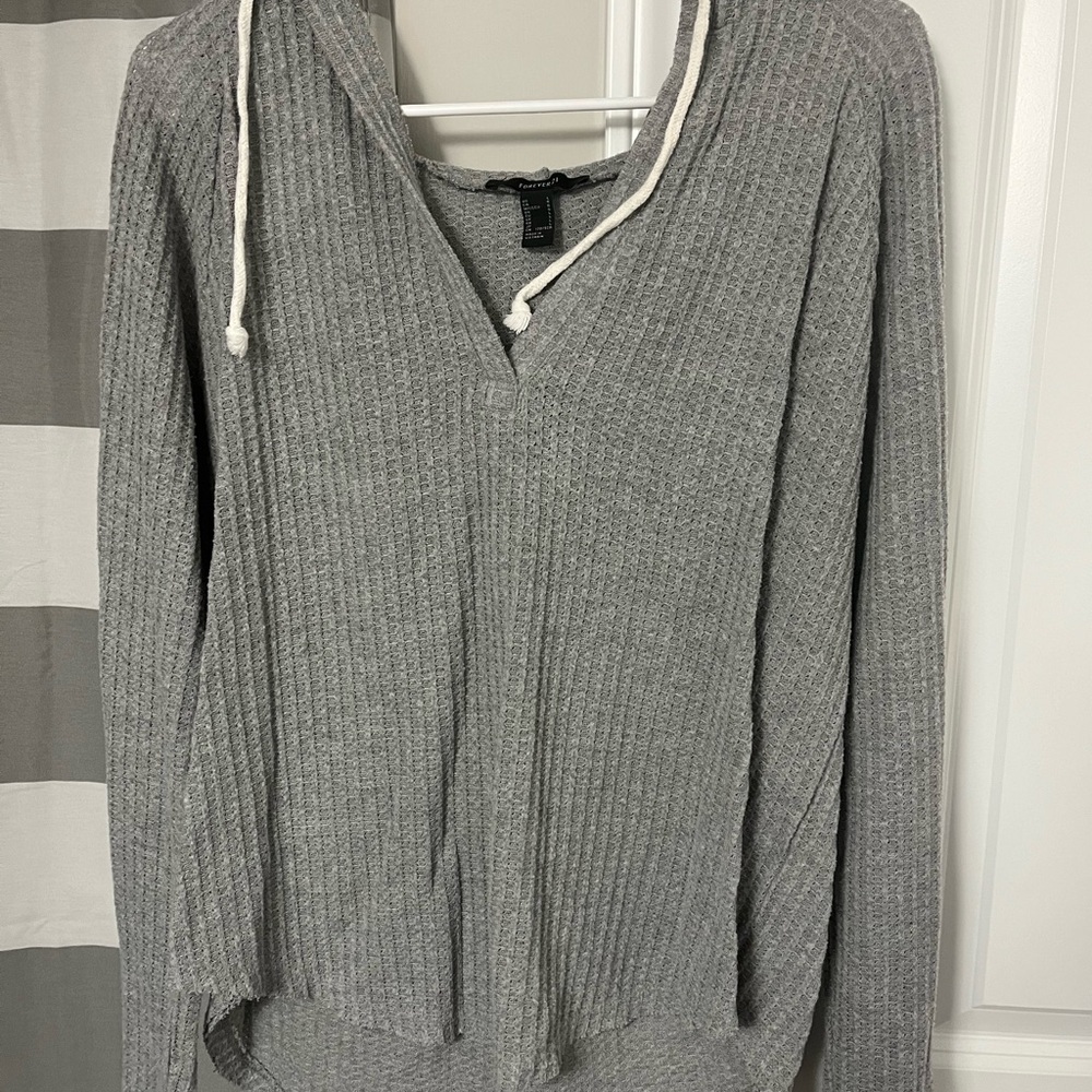 Gray Ribbed Knit Hoodie